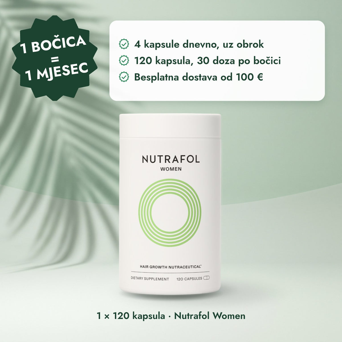 1 × 120 kapsula · Nutrafol Women: 1 bočica = 1 mjesec