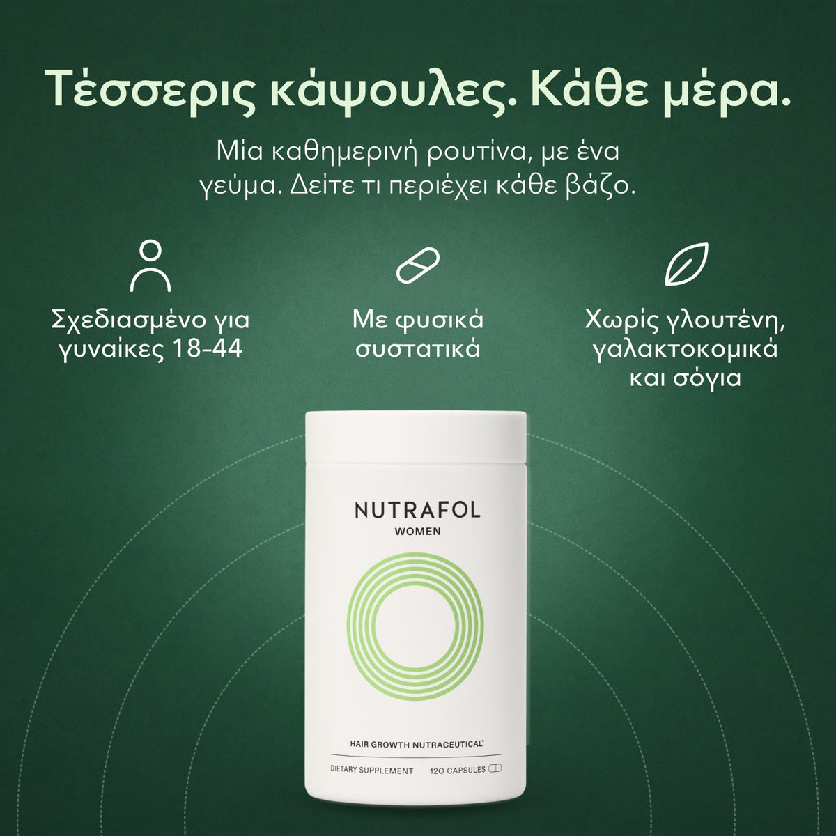 Nutrafol Women: Τέσσερις κάψουλες. Κάθε μέρα. Σχεδιασμένο για γυναίκες 18–44, Με φυσικά συστατικά, Χωρίς γλουτένη, γαλακτοκομικά και σόγια