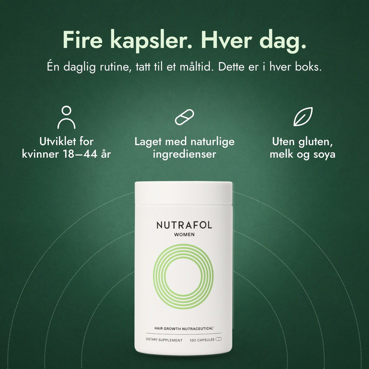 Nutrafol Women: Fire kapsler. Hver dag. Utviklet for kvinner 18–44 år, Laget med naturlige ingredienser, Uten gluten, melk og soya