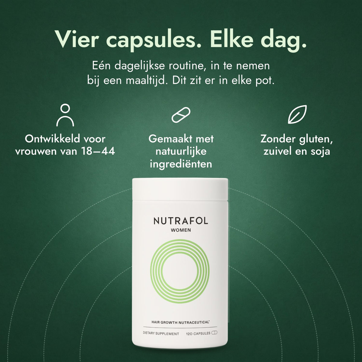 Nutrafol Women: Vier capsules. Elke dag. Ontwikkeld voor vrouwen van 18–44, Gemaakt met natuurlijke ingrediënten, Zonder gluten, zuivel en soja