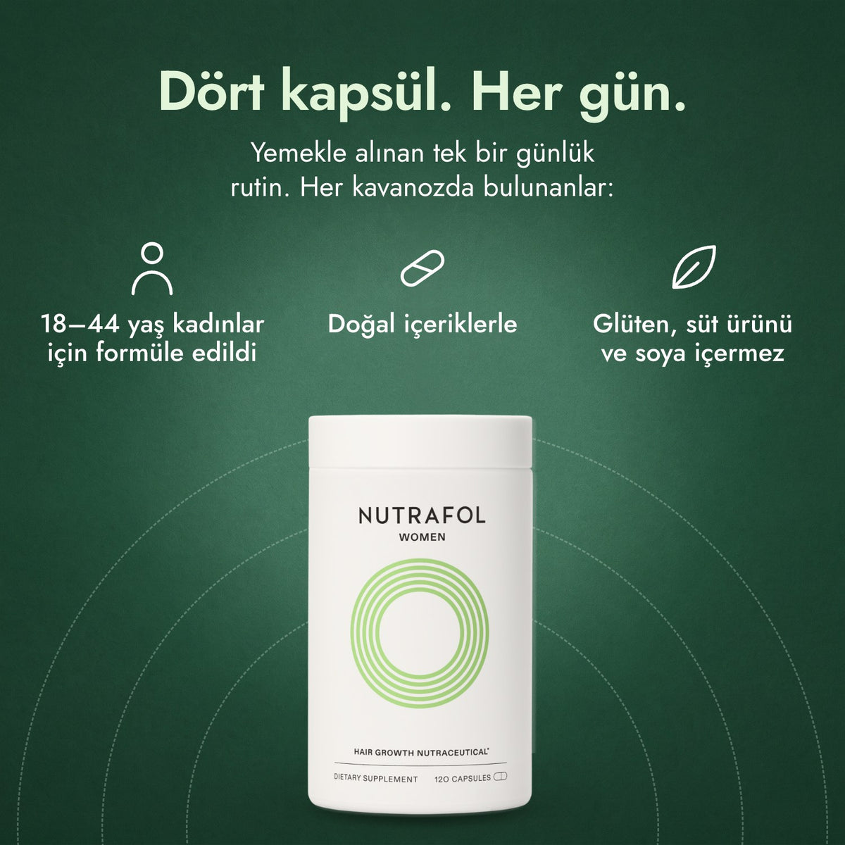Nutrafol Women: Dört kapsül. Her gün. 18–44 yaş kadınlar için formüle edildi, Doğal içeriklerle, Glüten, süt ürünü ve soya içermez