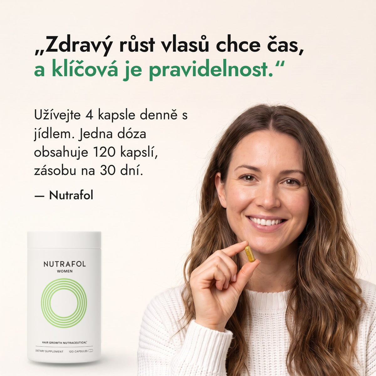 Zdravý růst vlasů chce čas, a klíčová je pravidelnost. — Nutrafol
