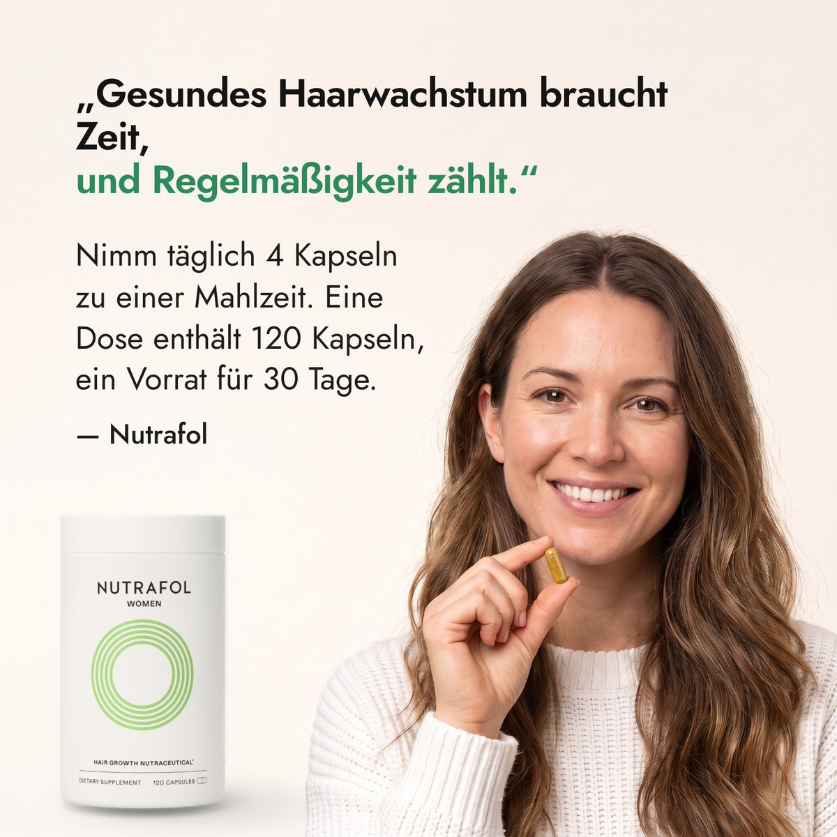 Gesundes Haarwachstum braucht Zeit, und Regelmäßigkeit zählt. — Nutrafol
