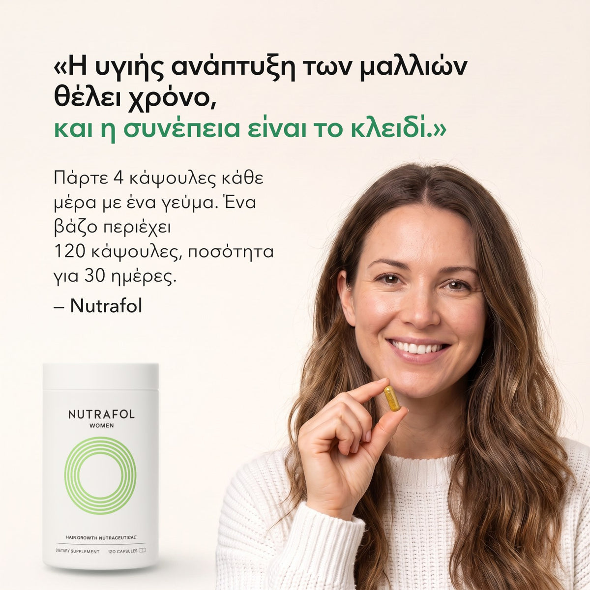 Η υγιής ανάπτυξη των μαλλιών θέλει χρόνο, και η συνέπεια είναι το κλειδί. — Nutrafol