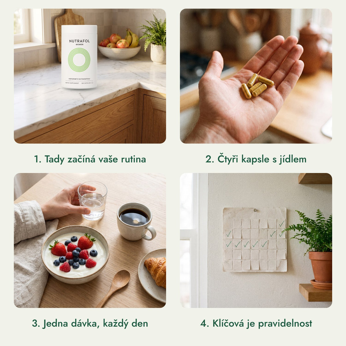 Nutrafol Women: Tady začíná vaše rutina, Čtyři kapsle s jídlem, Jedna dávka, každý den, Klíčová je pravidelnost