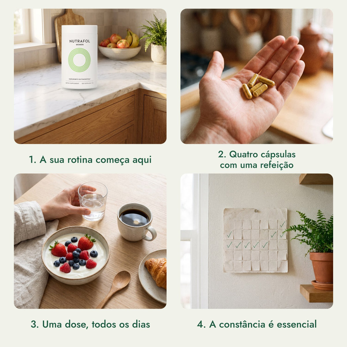 Nutrafol Women: A sua rotina começa aqui, Quatro cápsulas com uma refeição, Uma dose, todos os dias, A constância é essencial