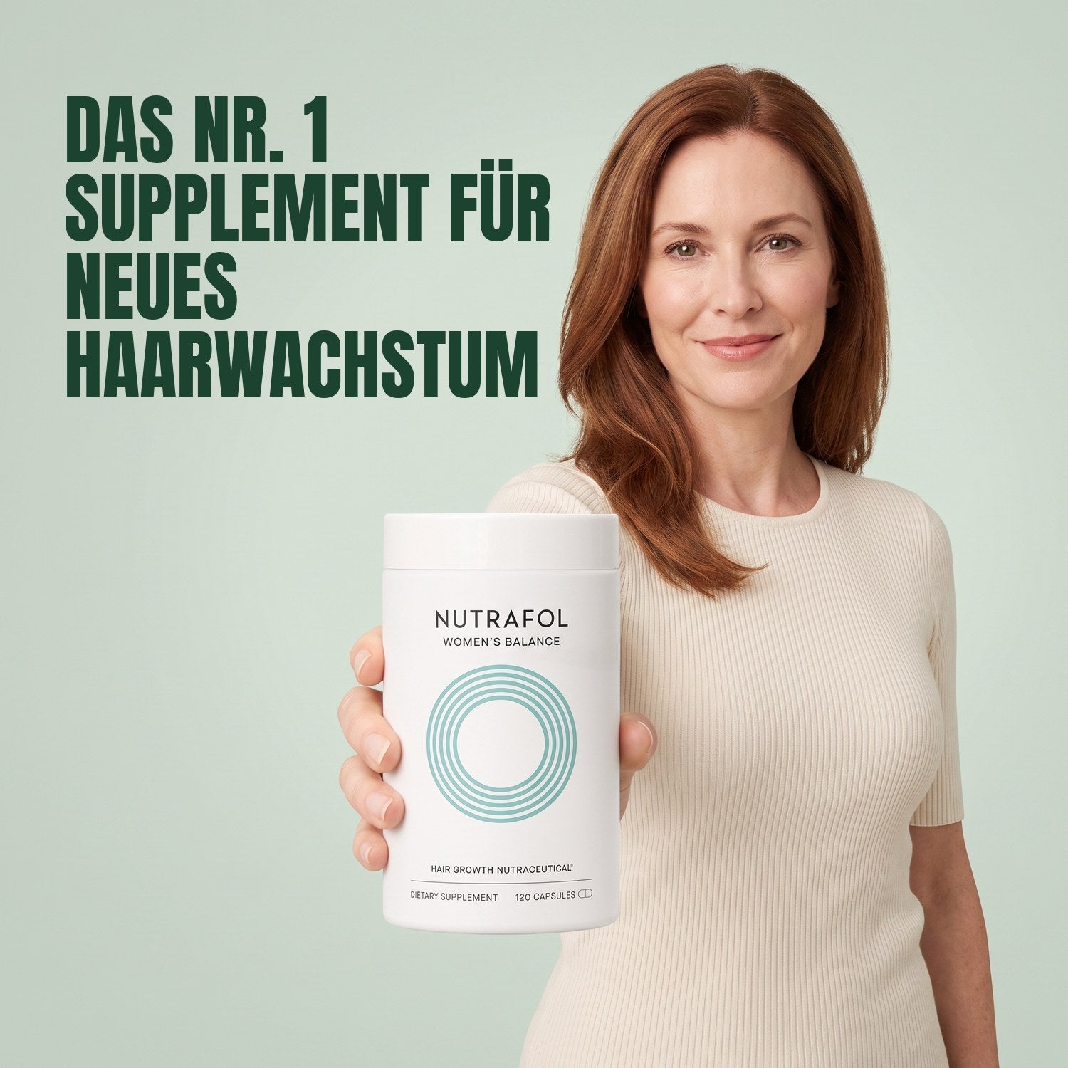 Woman holding Nutrafol for Women 45+ against a green background