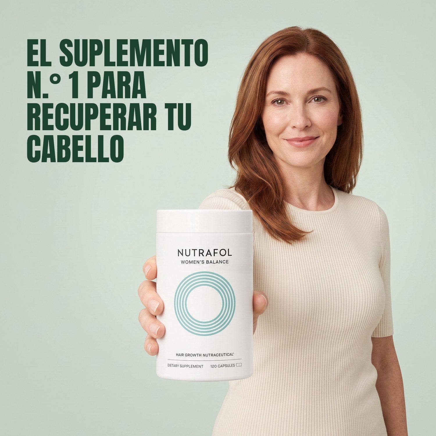 Woman holding Nutrafol for Women 45+ against a green background