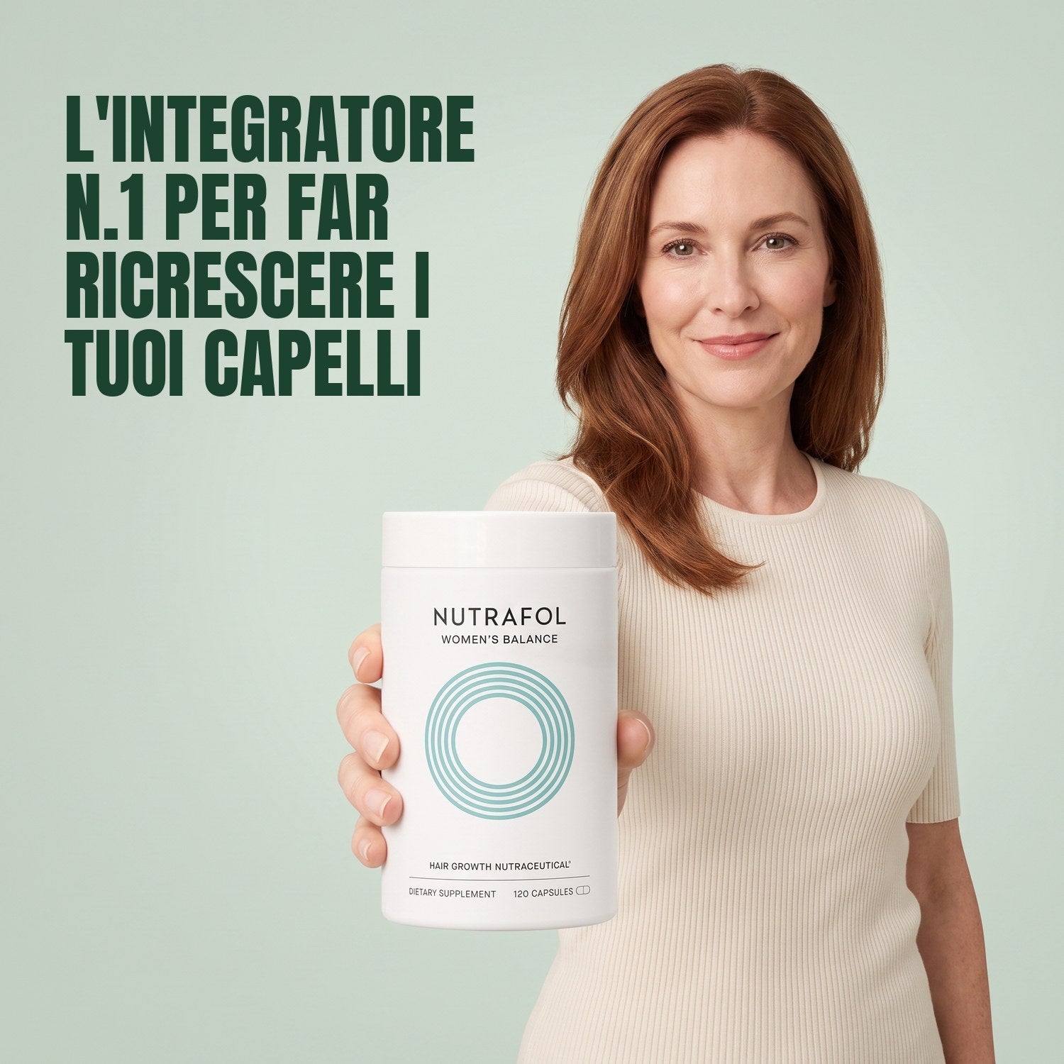 Woman holding Nutrafol for Women 45+ against a green background