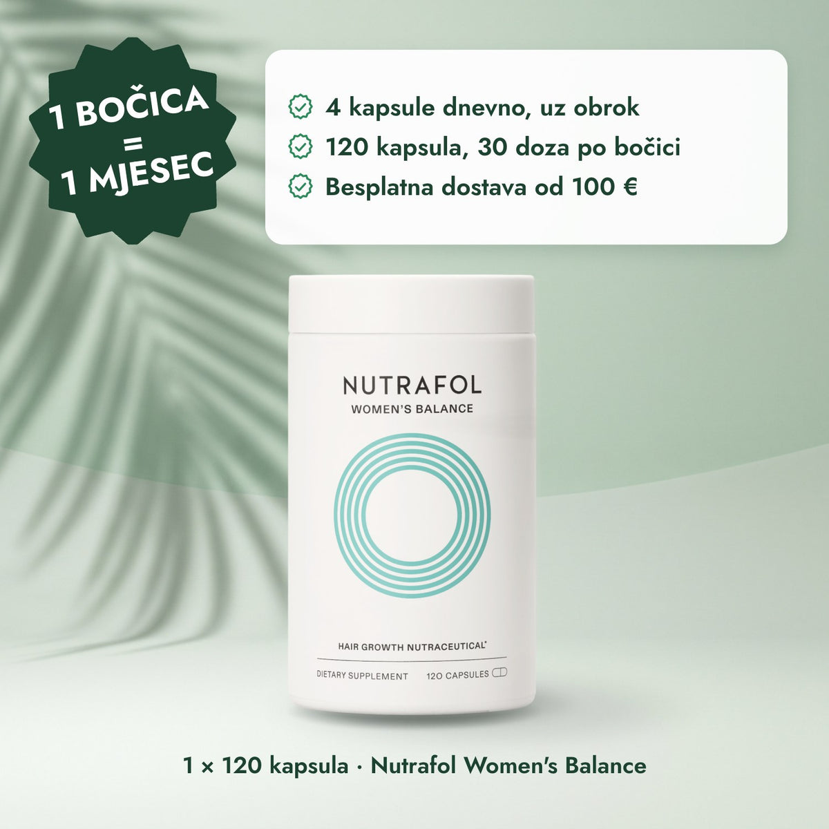 1 × 120 kapsula · Nutrafol Women's Balance: 1 bočica = 1 mjesec