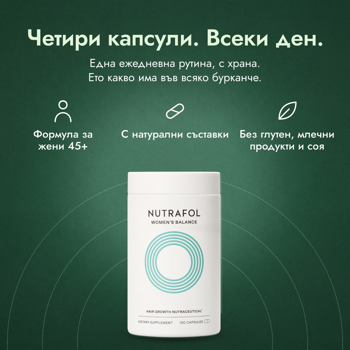 Nutrafol Women's Balance: Четири капсули. Всеки ден. Формула за жени 45+, С натурални съставки, Без глутен, млечни продукти и соя