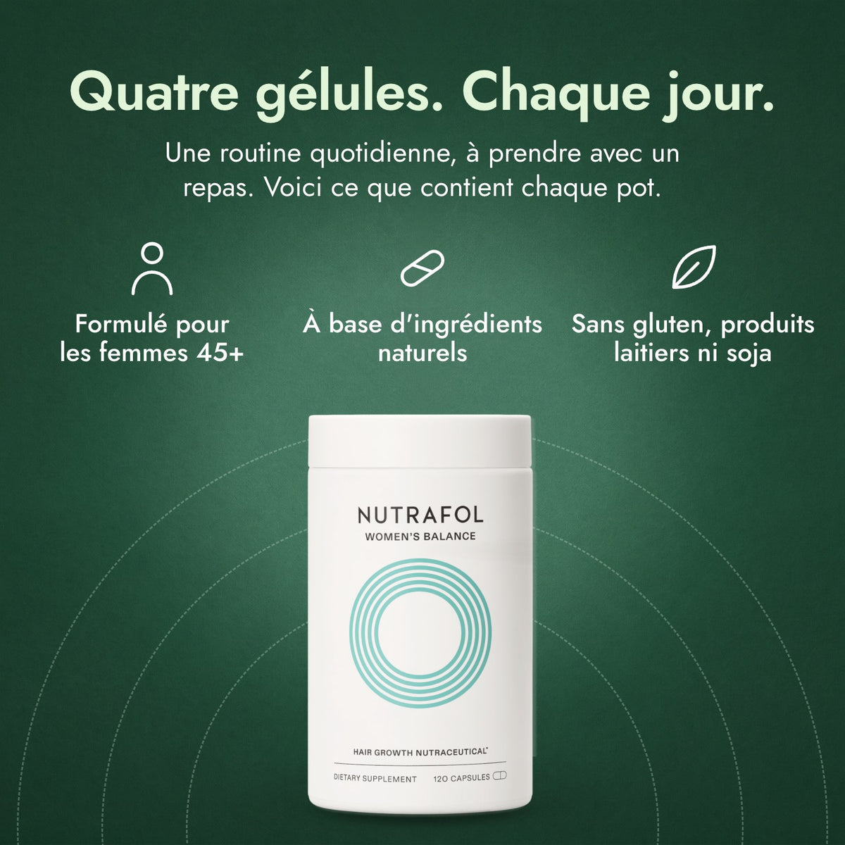 Nutrafol Women’s Balance: Quatre gélules. Chaque jour. Formulé pour les femmes 45+, À base d'ingrédients naturels, Sans gluten, produits laitiers ni soja