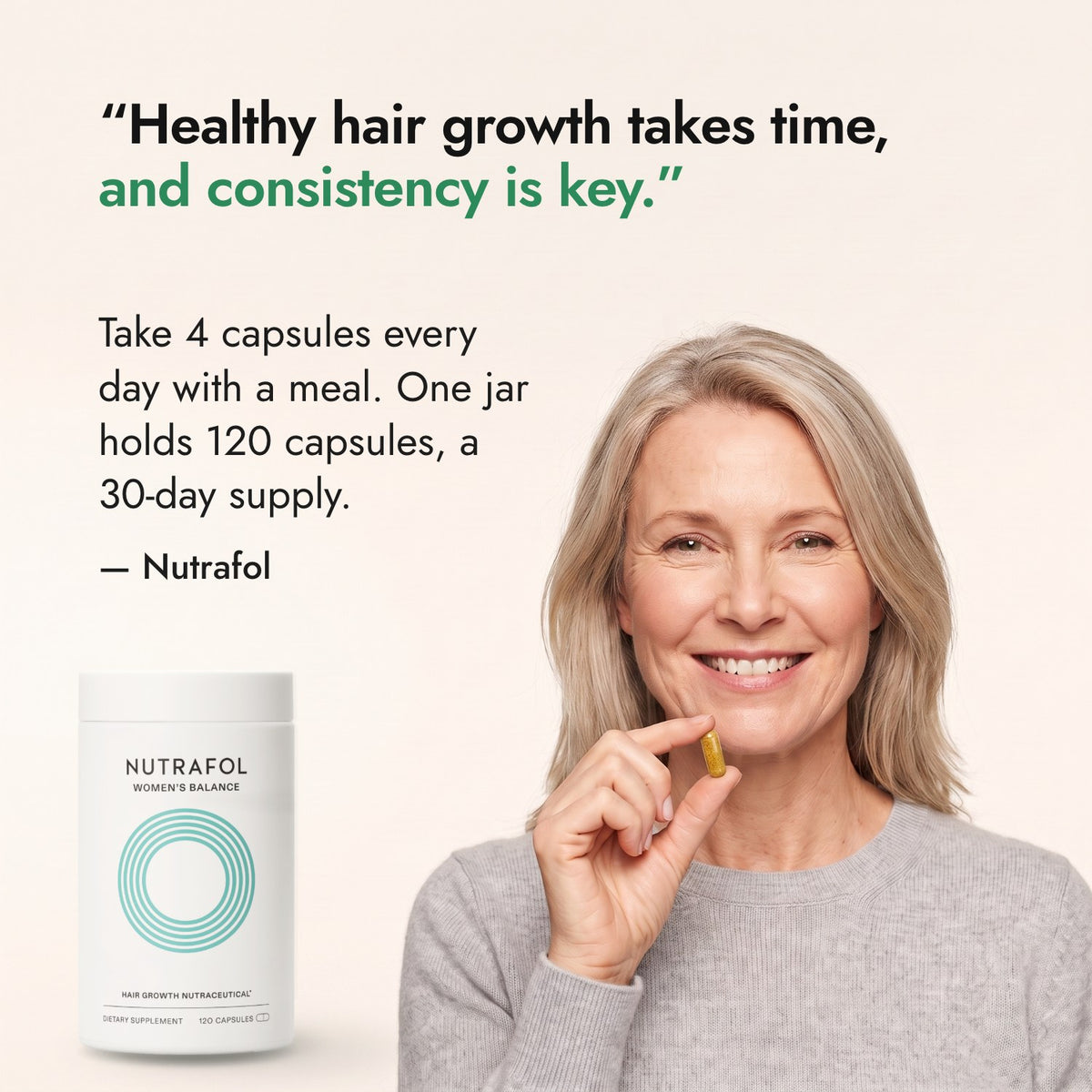 Healthy hair growth takes time, and consistency is key. — Nutrafol