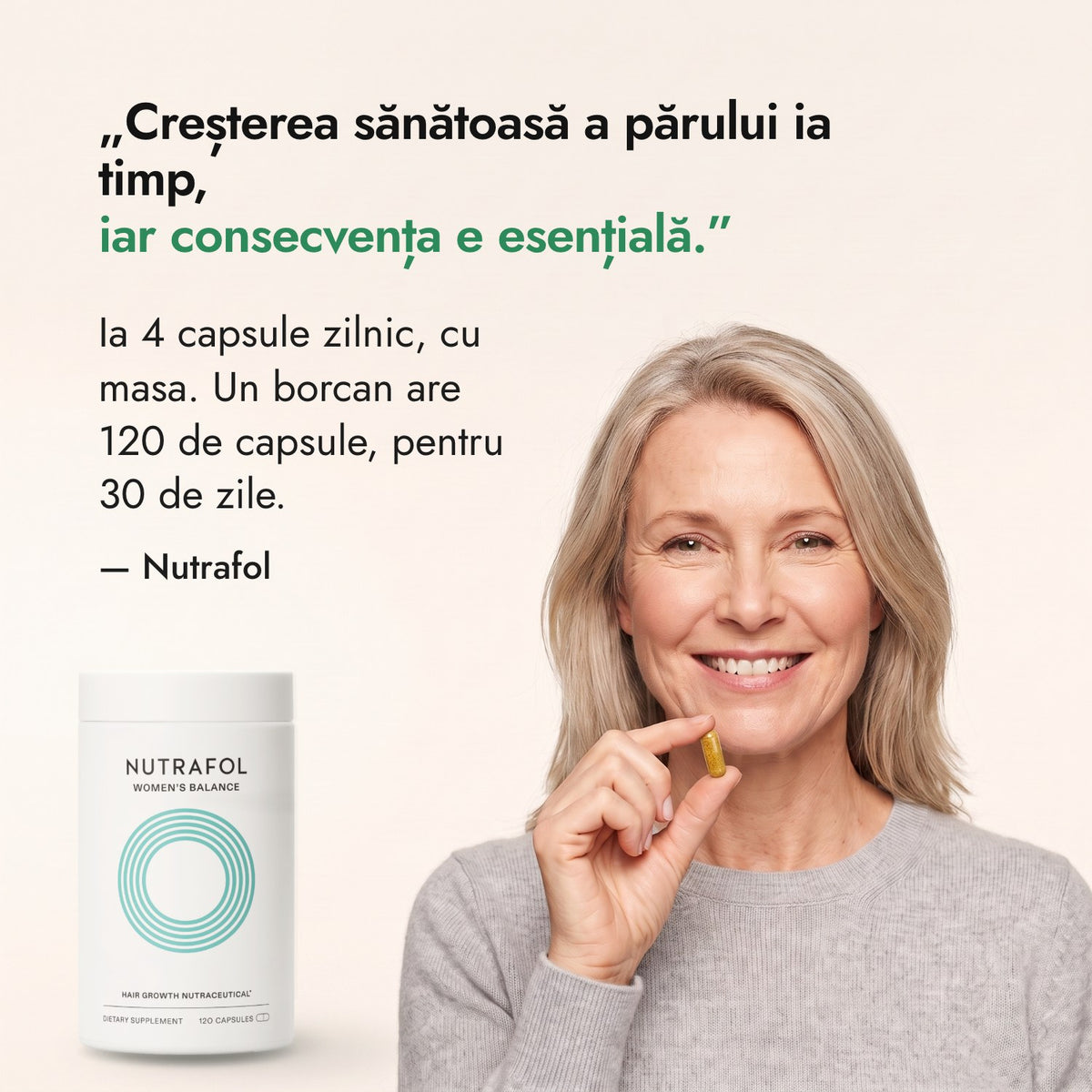 Creșterea sănătoasă a părului ia timp, iar consecvența e esențială. — Nutrafol