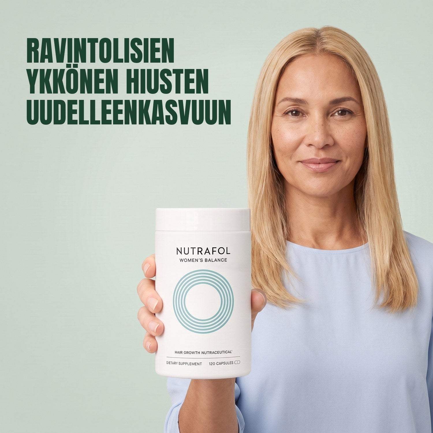 Woman holding the Nutrafol for Women 45+ supplement box against a green background