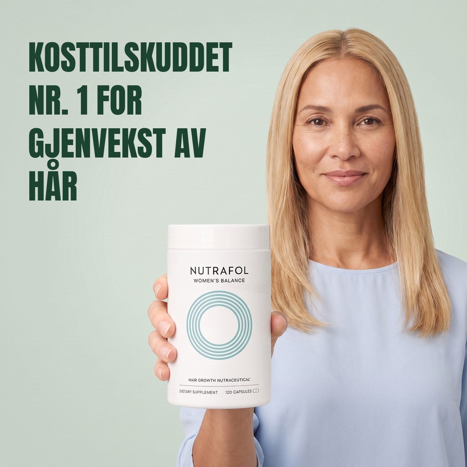 Woman holding the Nutrafol for Women 45+ supplement box against a green background
