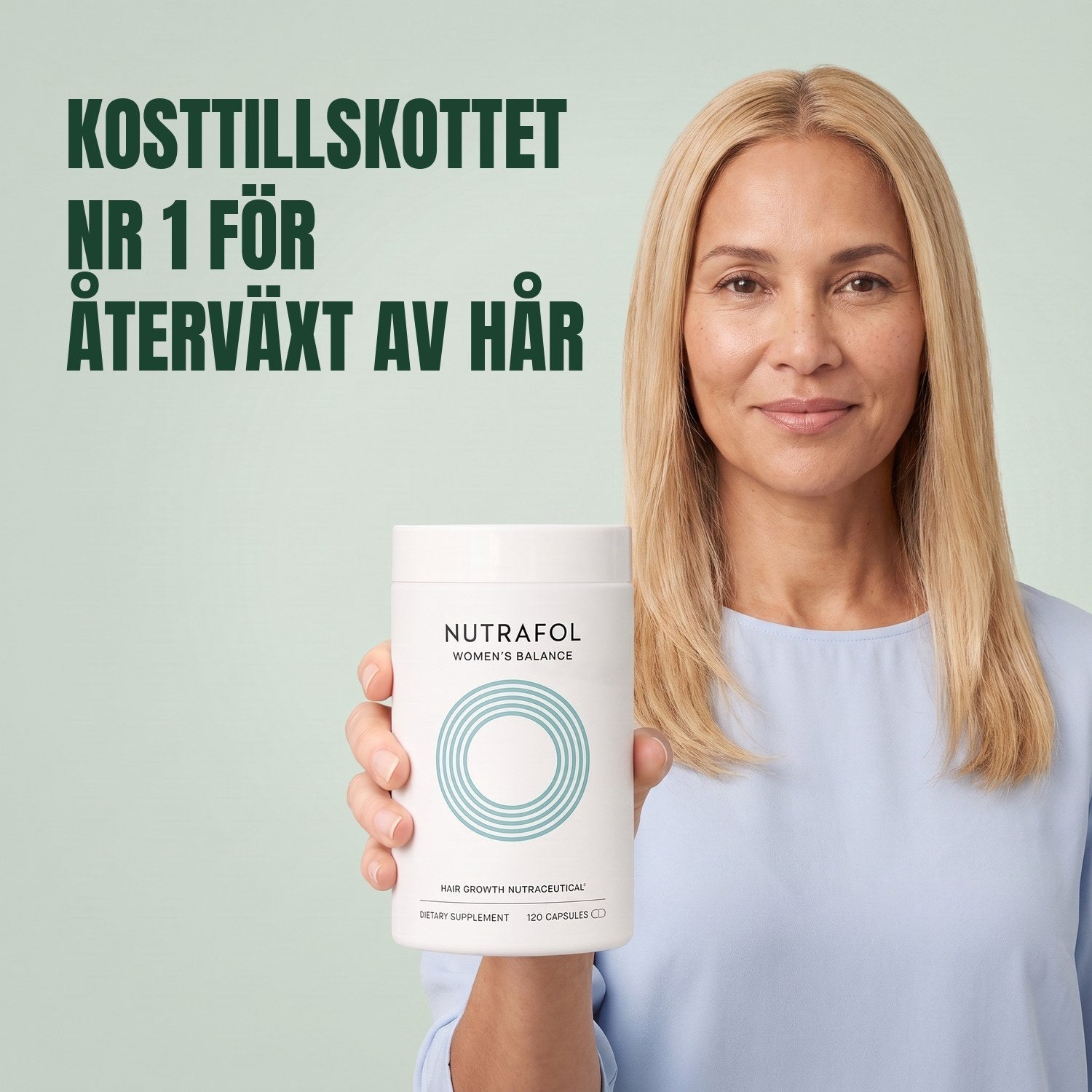 Woman holding the Nutrafol for Women 45+ supplement box against a green background