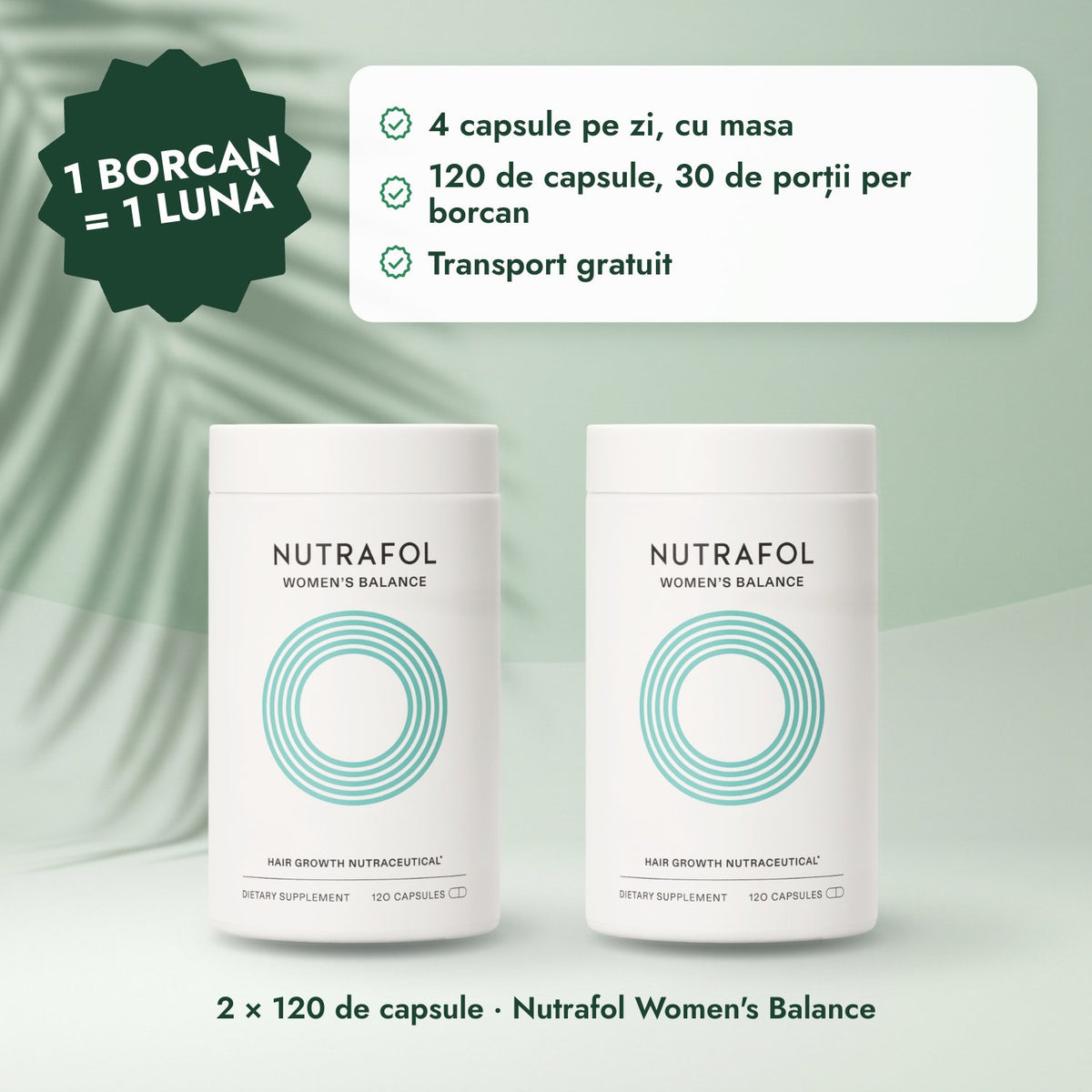 2 × 120 de capsule · Nutrafol Women's Balance: 1 borcan = 1 lună