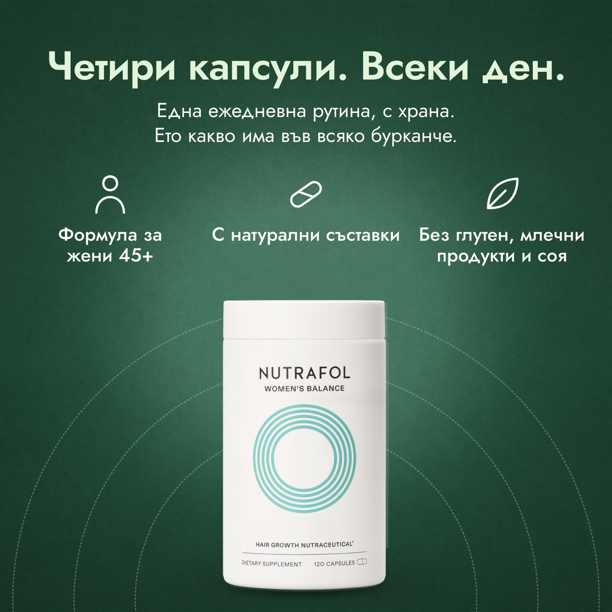 Nutrafol Women's Balance: Четири капсули. Всеки ден. Формула за жени 45+, С натурални съставки, Без глутен, млечни продукти и соя
