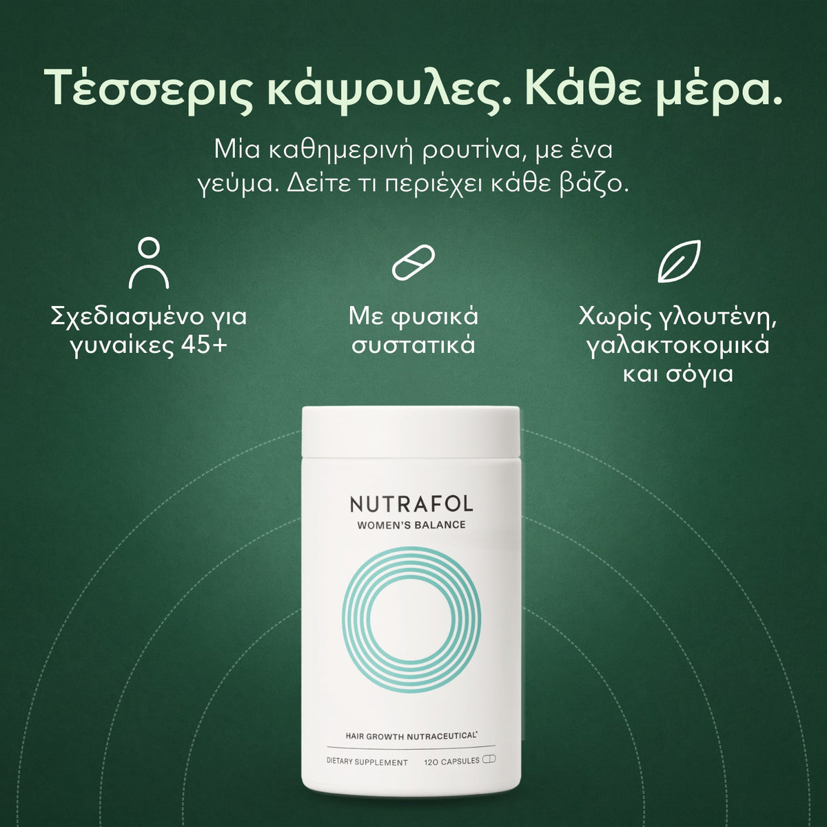 Nutrafol Women's Balance: Τέσσερις κάψουλες. Κάθε μέρα. Σχεδιασμένο για γυναίκες 45+, Με φυσικά συστατικά, Χωρίς γλουτένη, γαλακτοκομικά και σόγια