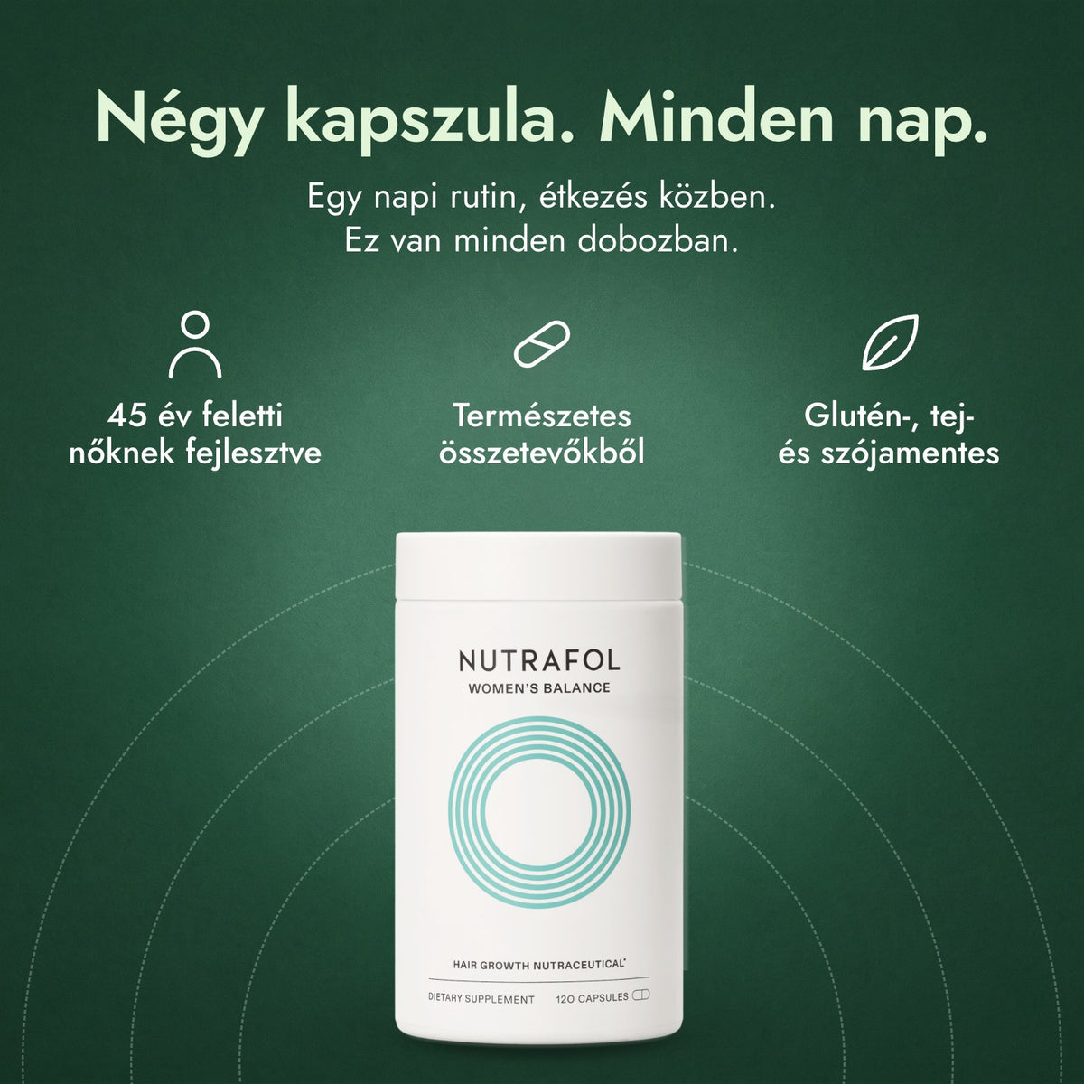 Nutrafol Women's Balance: Négy kapszula. Minden nap. 45 év feletti nőknek fejlesztve, Természetes összetevőkből, Glutén-, tej- és szójamentes