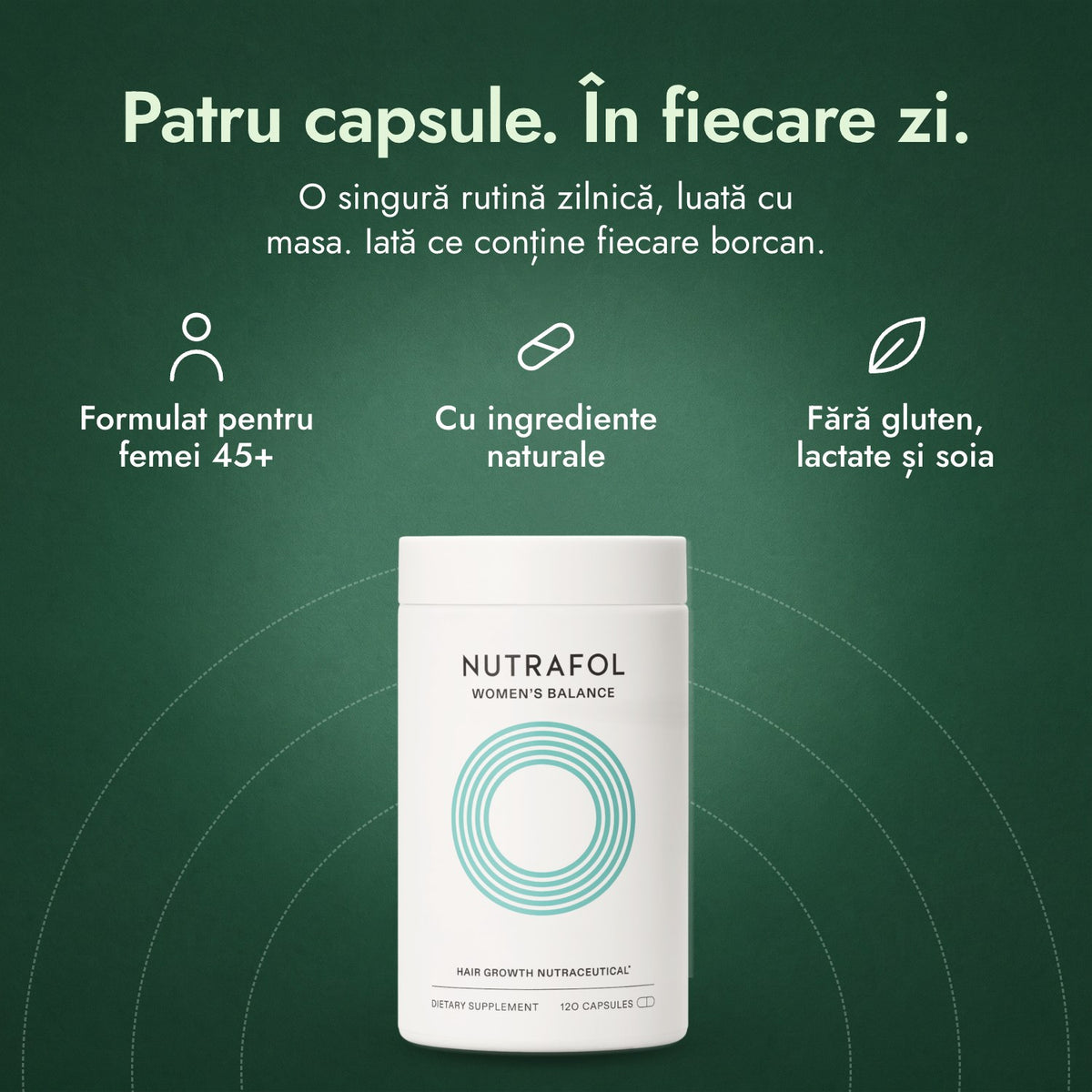 Nutrafol Women's Balance: Patru capsule. În fiecare zi. Formulat pentru femei 45+, Cu ingrediente naturale, Fără gluten, lactate și soia