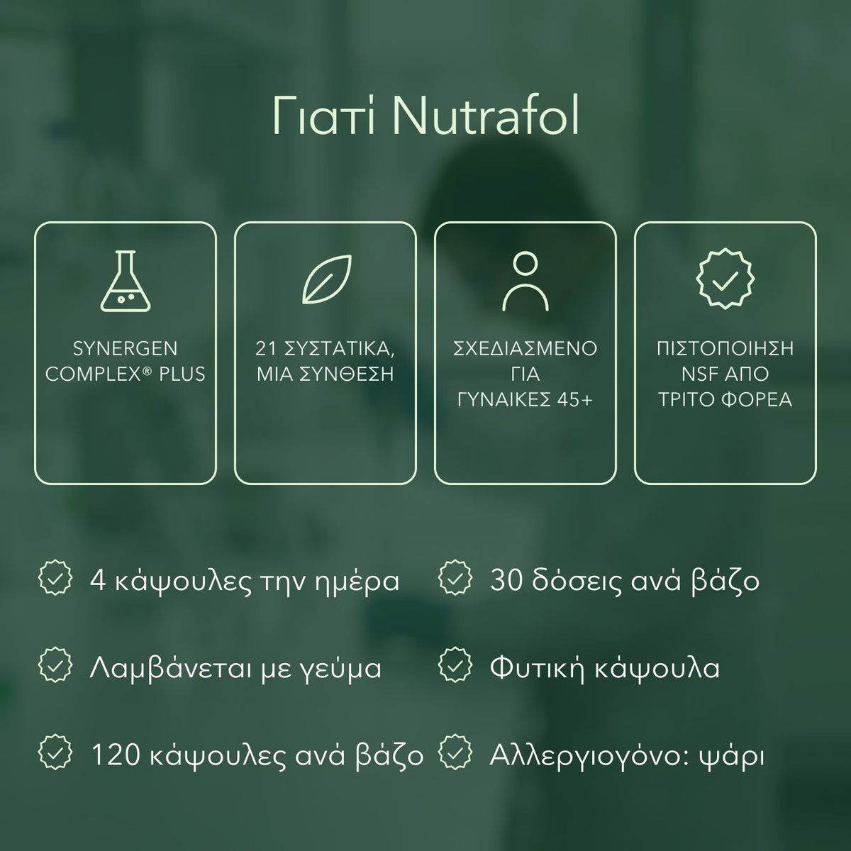 Γιατί Nutrafol: Synergen Complex® Plus, 21 συστατικά, μία σύνθεση, Σχεδιασμένο για γυναίκες 45+, Πιστοποίηση NSF από τρίτο φορέα