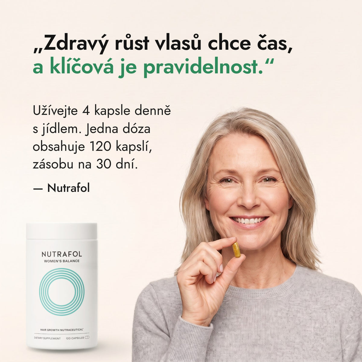 Zdravý růst vlasů chce čas, a klíčová je pravidelnost. — Nutrafol