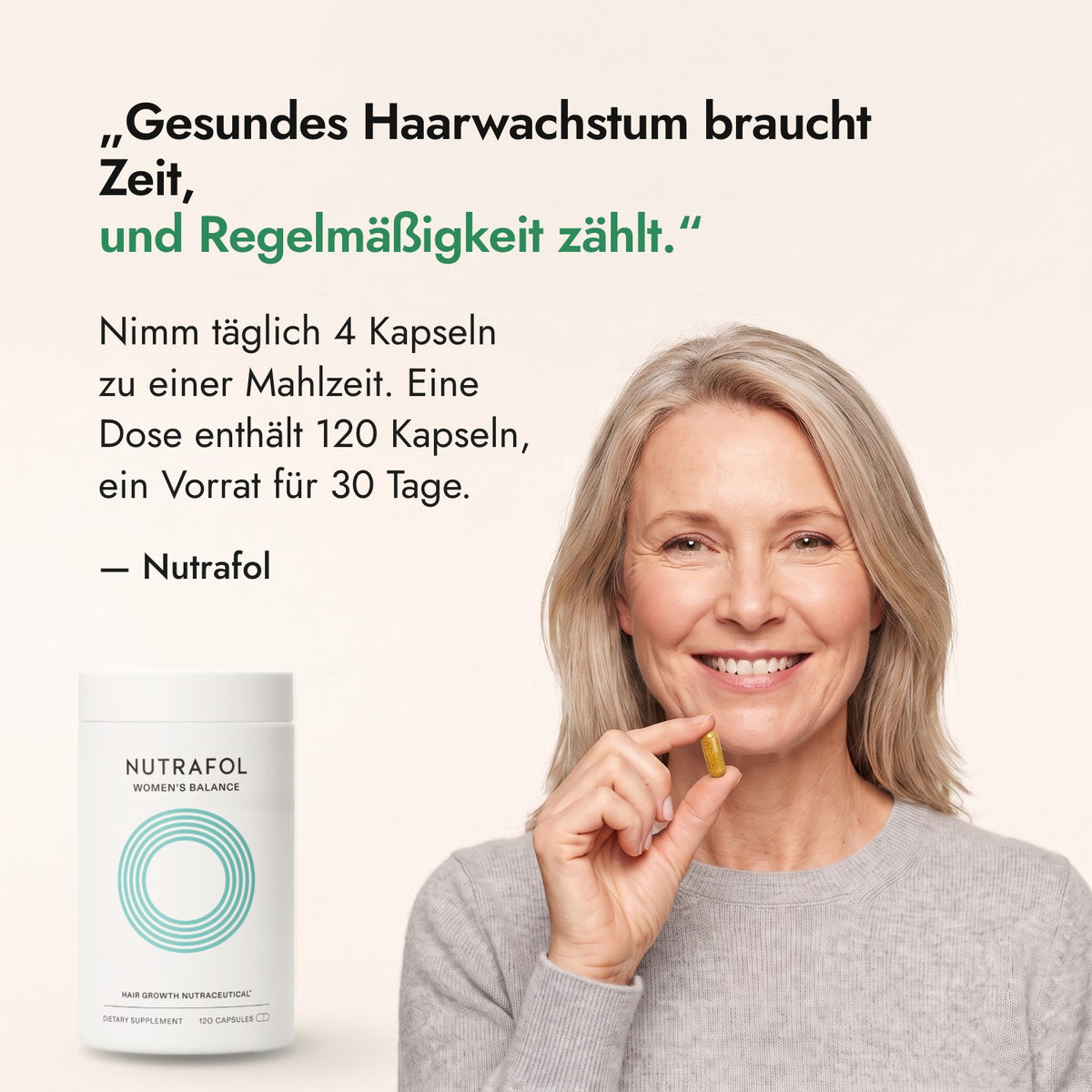Gesundes Haarwachstum braucht Zeit, und Regelmäßigkeit zählt. — Nutrafol