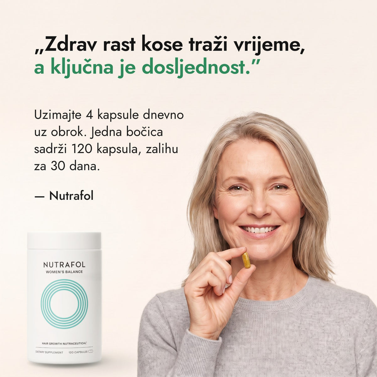 Zdrav rast kose traži vrijeme, a ključna je dosljednost. — Nutrafol