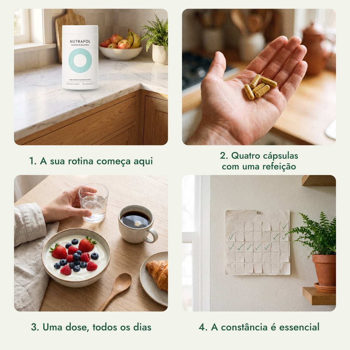Nutrafol Women's Balance: A sua rotina começa aqui, Quatro cápsulas com uma refeição, Uma dose, todos os dias, A constância é essencial
