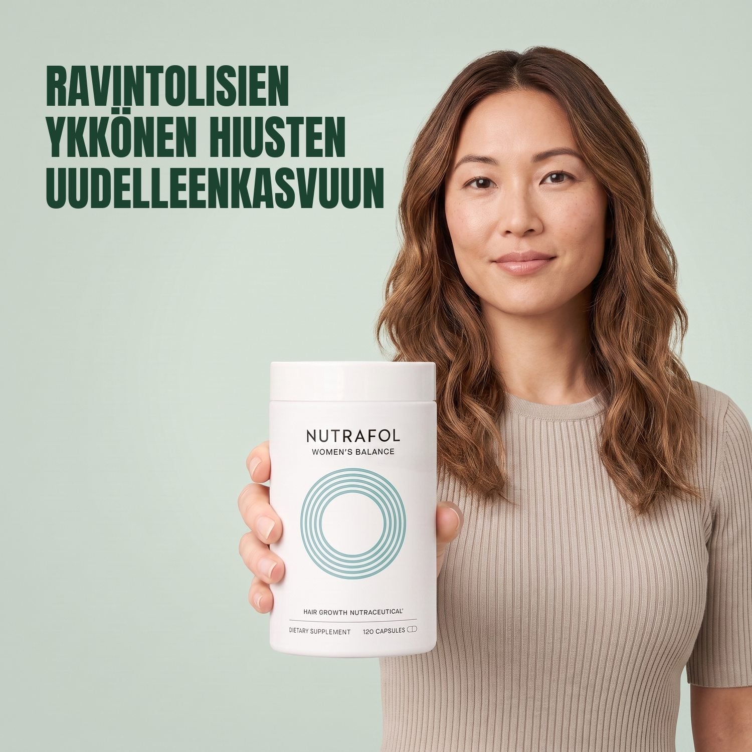 Woman holding the Nutrafol for Women 45+ supplement box against a green background