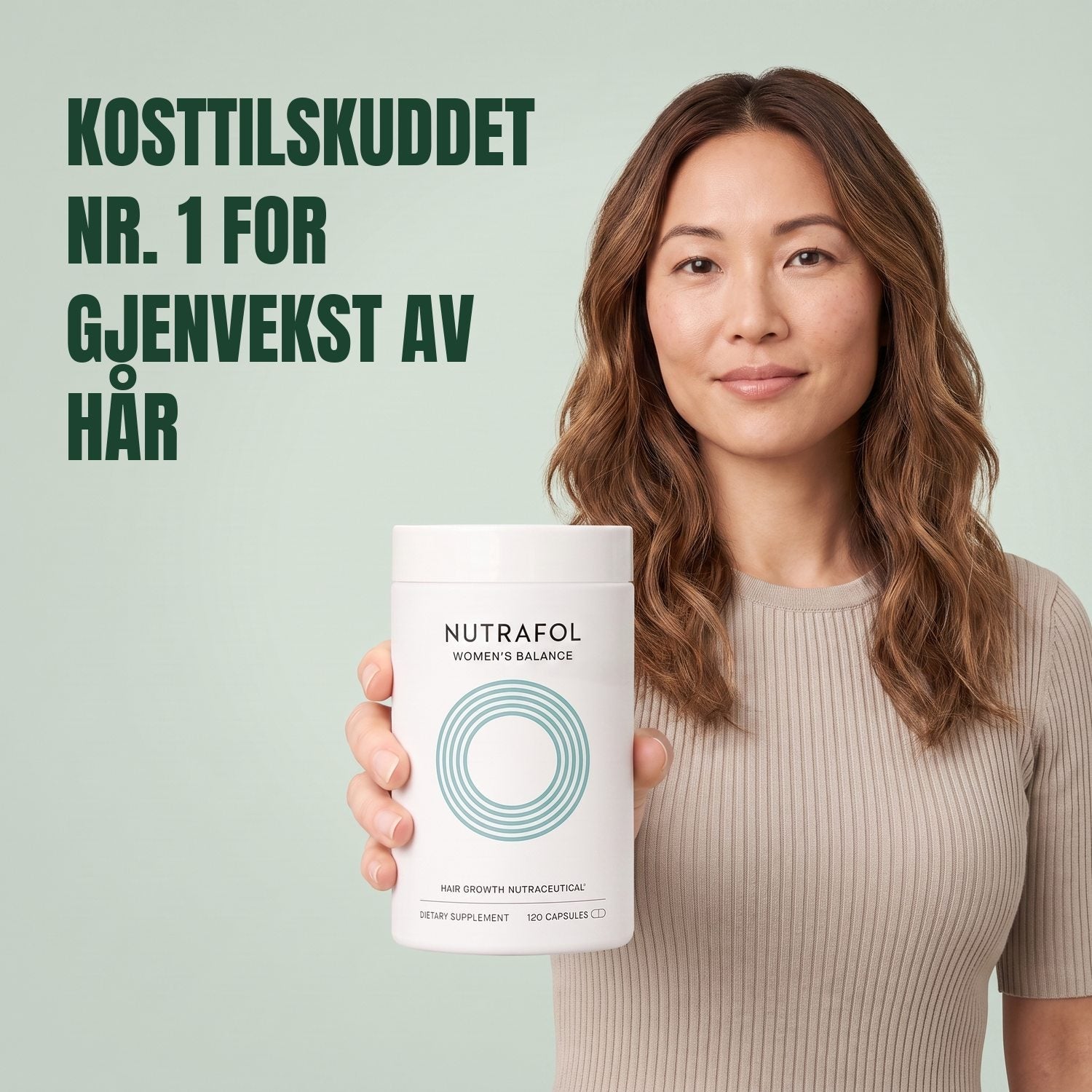 Woman holding the Nutrafol for Women 45+ supplement box against a green background