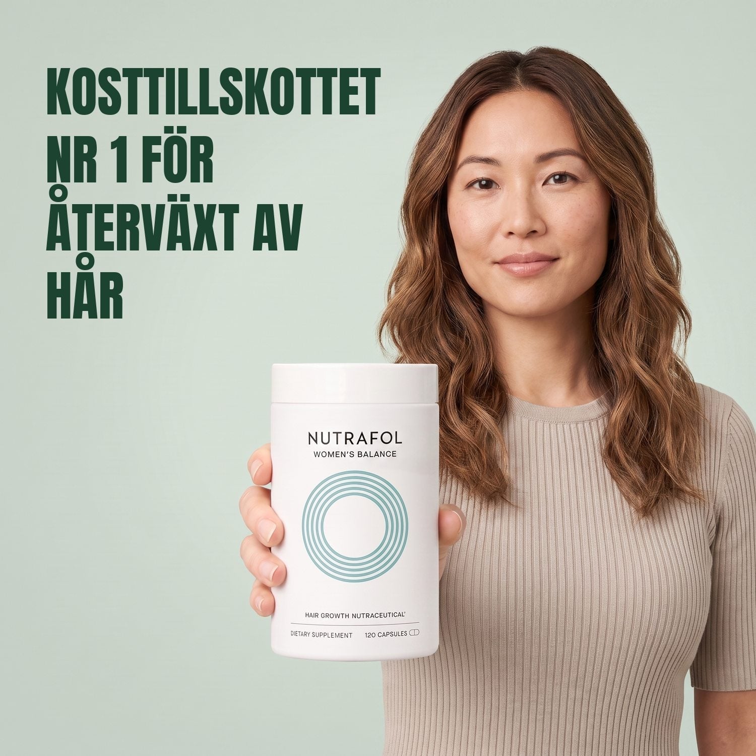 Woman holding the Nutrafol for Women 45+ supplement box against a green background