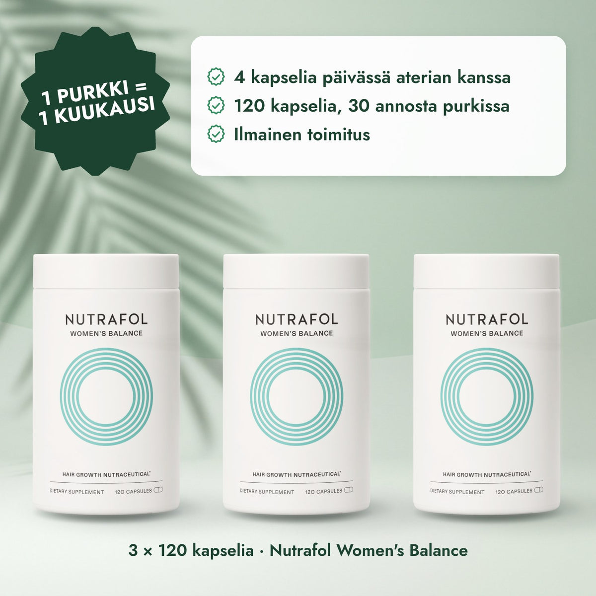 3 × 120 kapselia · Nutrafol Women's Balance: 1 purkki = 1 kuukausi