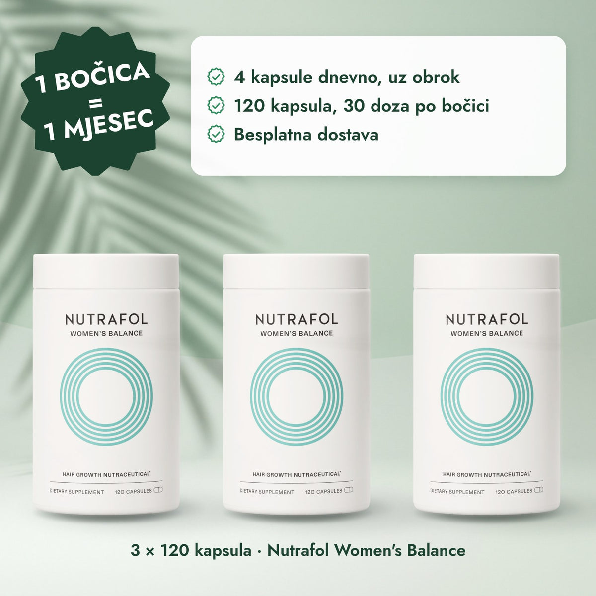 3 × 120 kapsula · Nutrafol Women's Balance: 1 bočica = 1 mjesec