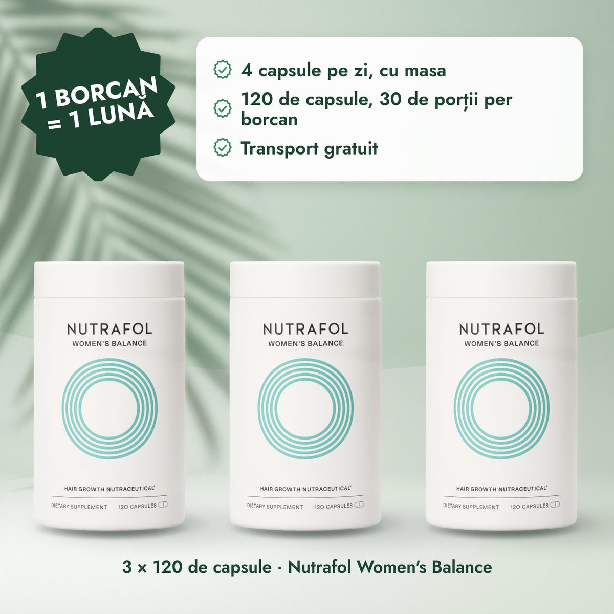 3 × 120 de capsule · Nutrafol Women's Balance: 1 borcan = 1 lună
