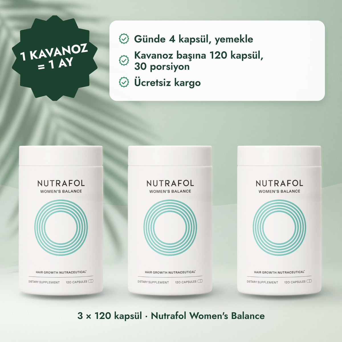 3 × 120 kapsül · Nutrafol Women's Balance: 1 kavanoz = 1 ay