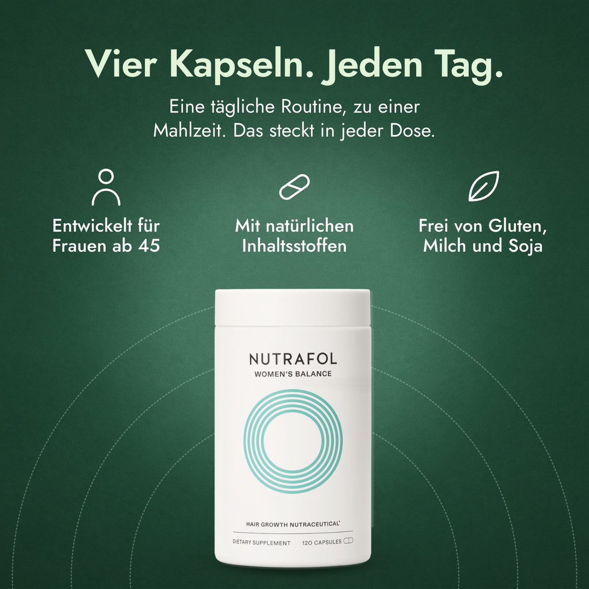 Nutrafol Women's Balance: Vier Kapseln. Jeden Tag. Entwickelt für Frauen ab 45, Mit natürlichen Inhaltsstoffen, Frei von Gluten, Milch und Soja
