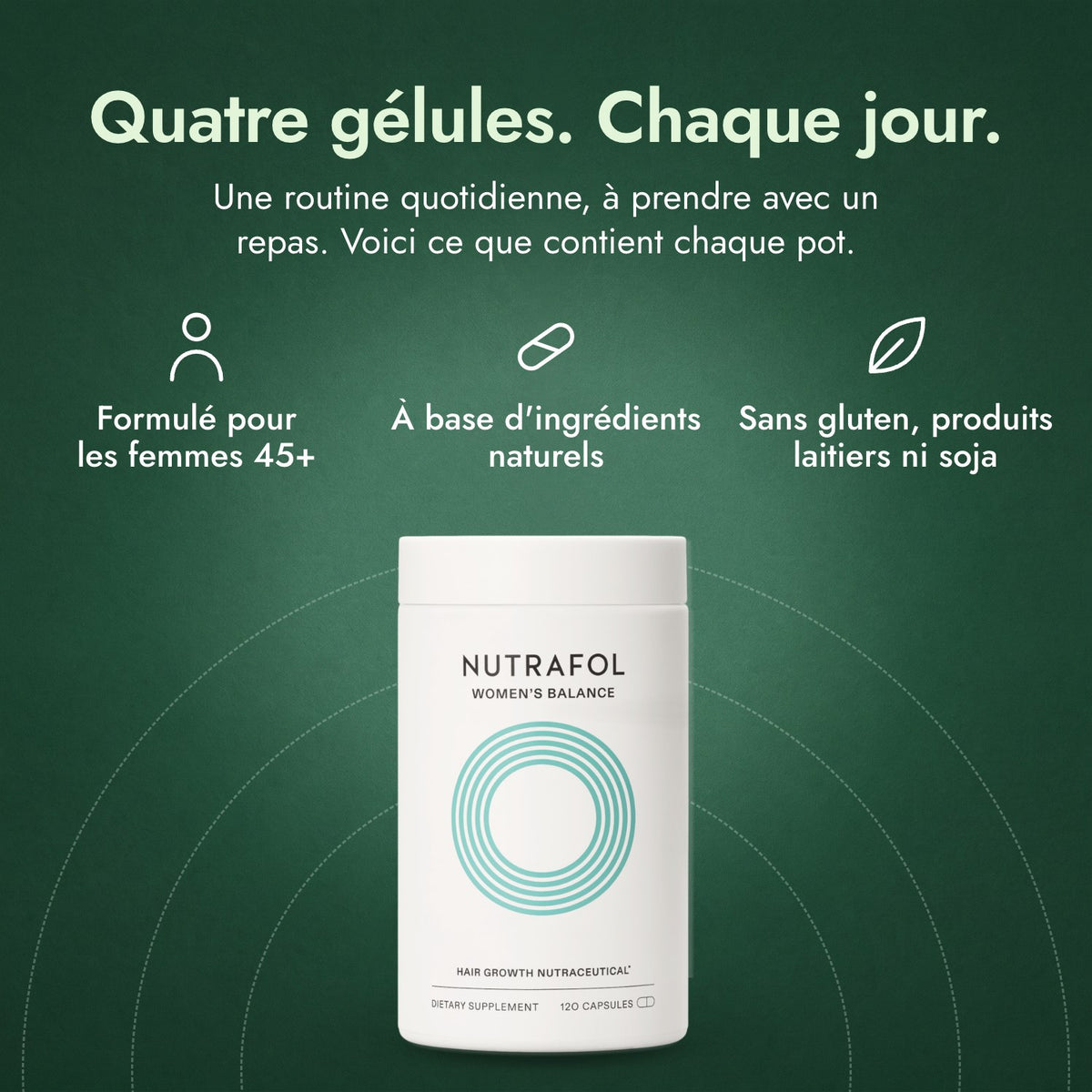 Nutrafol Women’s Balance: Quatre gélules. Chaque jour. Formulé pour les femmes 45+, À base d'ingrédients naturels, Sans gluten, produits laitiers ni soja