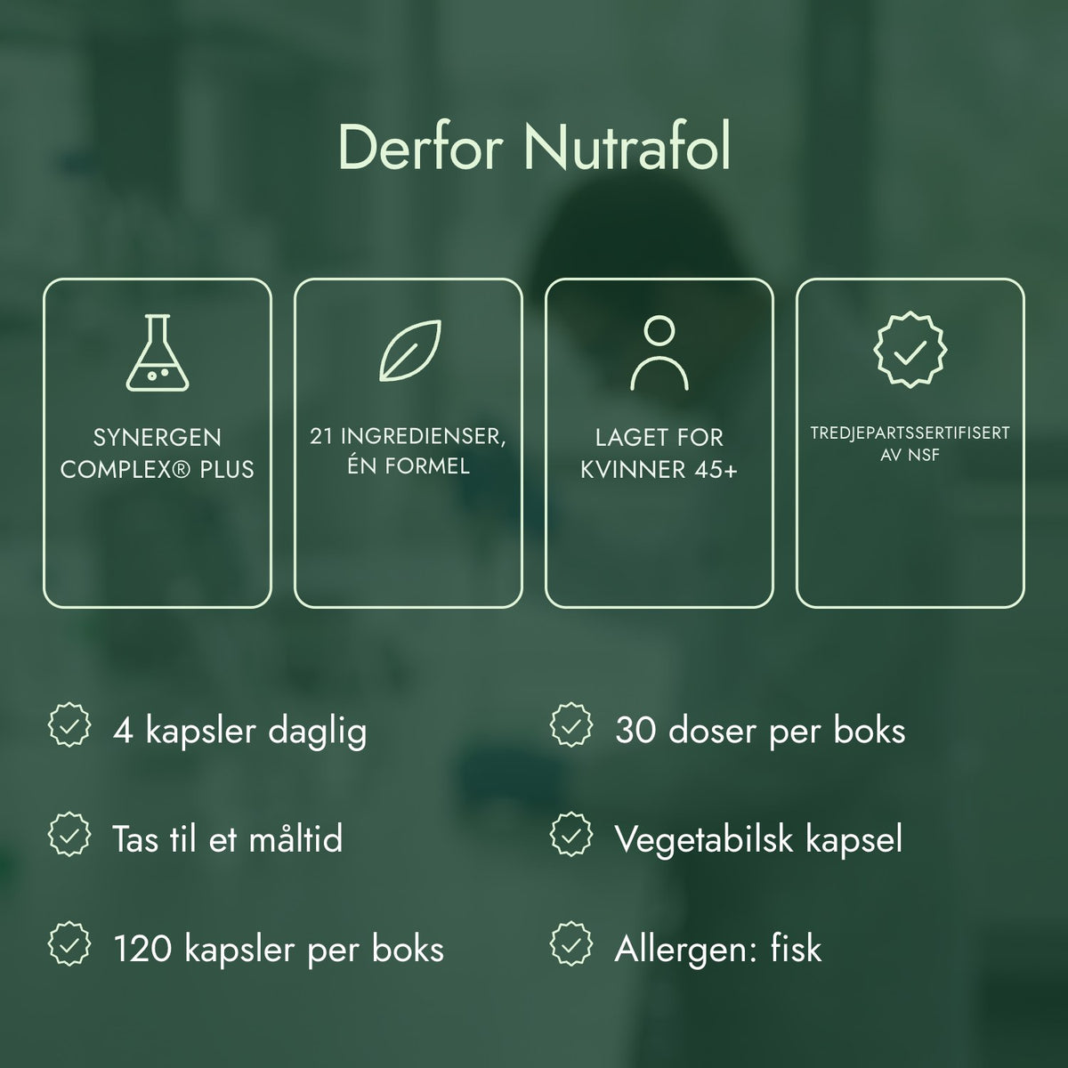 Derfor Nutrafol: Synergen Complex® Plus, 21 ingredienser, én formel, Laget for kvinner 45+, Tredjepartssertifisert av NSF