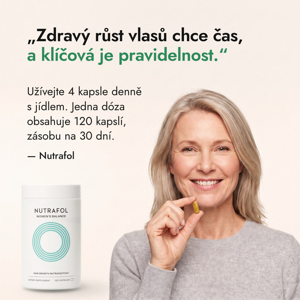 Zdravý růst vlasů chce čas, a klíčová je pravidelnost. — Nutrafol