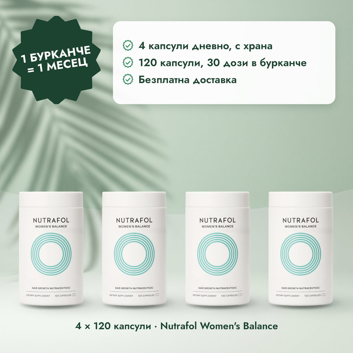 4 × 120 капсули · Nutrafol Women's Balance: 1 бурканче = 1 месец