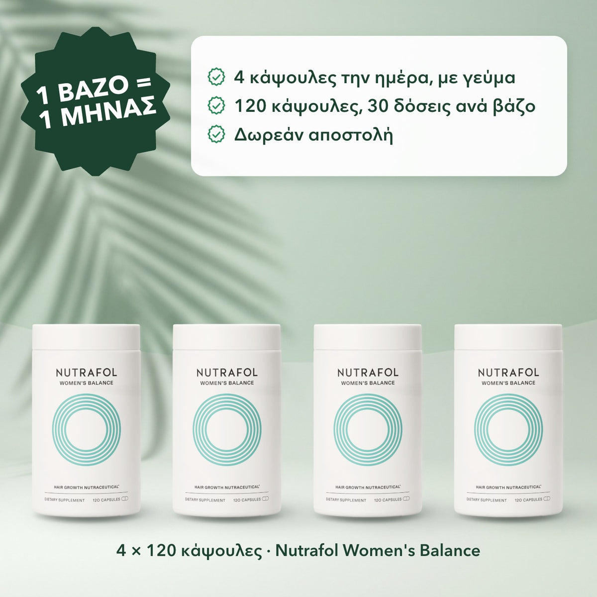 4 × 120 κάψουλες · Nutrafol Women's Balance: 1 βάζο = 1 μήνας