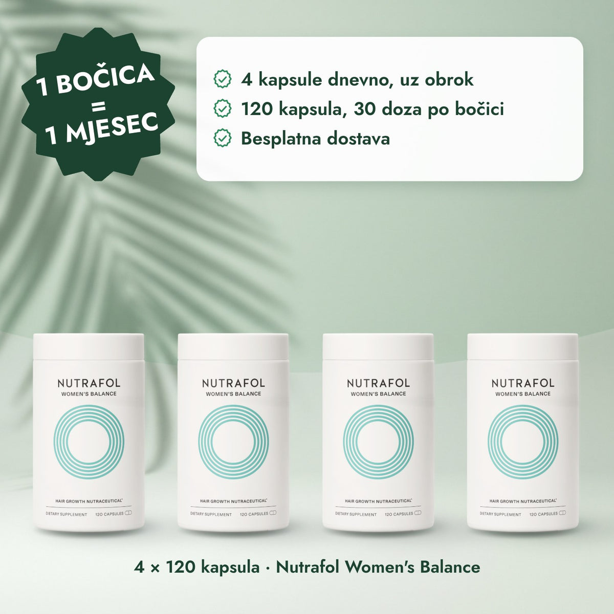 4 × 120 kapsula · Nutrafol Women's Balance: 1 bočica = 1 mjesec