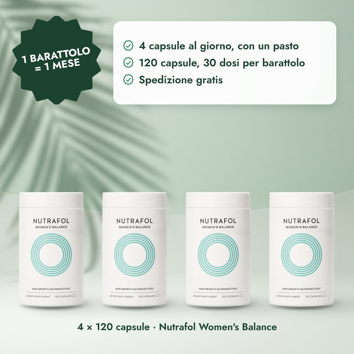 4 × 120 capsule · Nutrafol Women's Balance: 1 barattolo = 1 mese