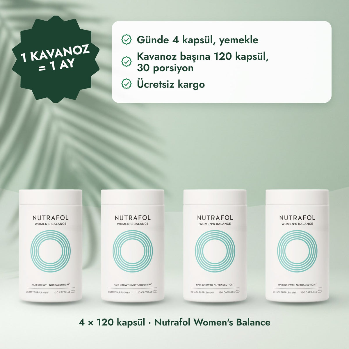 4 × 120 kapsül · Nutrafol Women's Balance: 1 kavanoz = 1 ay