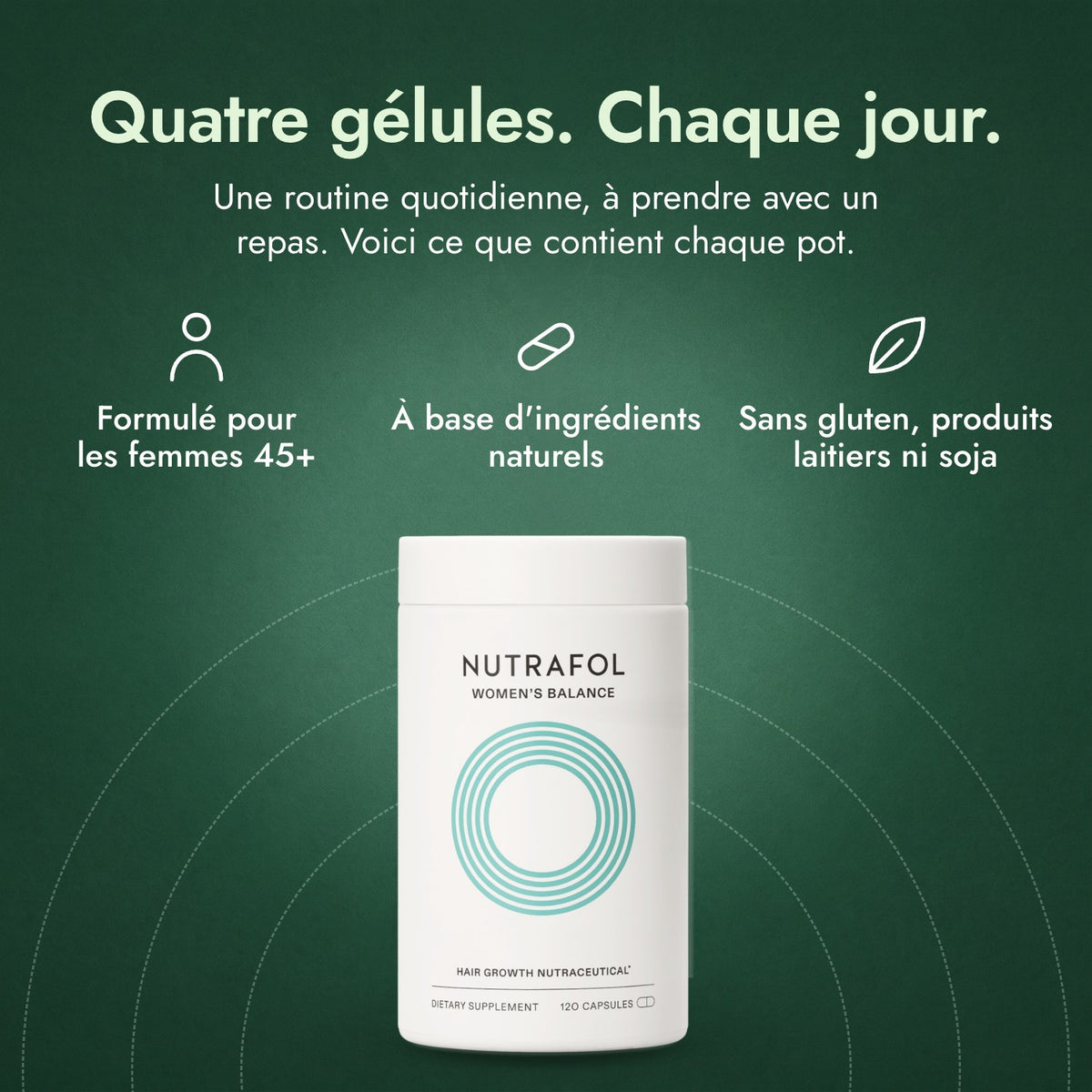 Nutrafol Women’s Balance: Quatre gélules. Chaque jour. Formulé pour les femmes 45+, À base d'ingrédients naturels, Sans gluten, produits laitiers ni soja