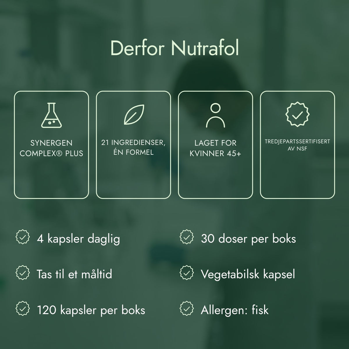 Derfor Nutrafol: Synergen Complex® Plus, 21 ingredienser, én formel, Laget for kvinner 45+, Tredjepartssertifisert av NSF