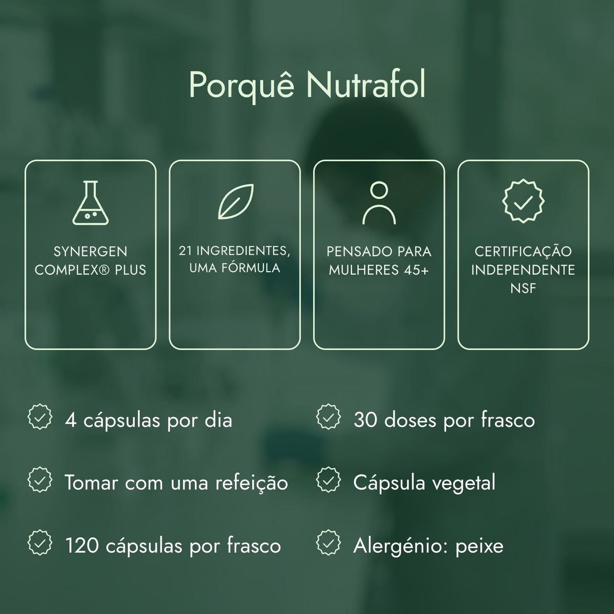 Porquê Nutrafol: Synergen Complex® Plus, 21 ingredientes, uma fórmula, Pensado para mulheres 45+, Certificação independente NSF